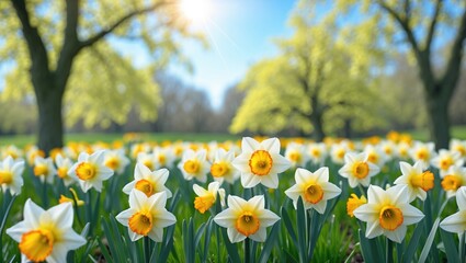 Fototapeta premium Vibrant Daffodil Flowers Blooming in a Sunny Spring Field with Lush Green Trees Perfect for Easter Celebrations and Seasonal Backgrounds