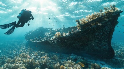 Fototapeta premium Exploring the Beauty of Underwater Wonders: The Majestic Boat in the Ocean Landscape