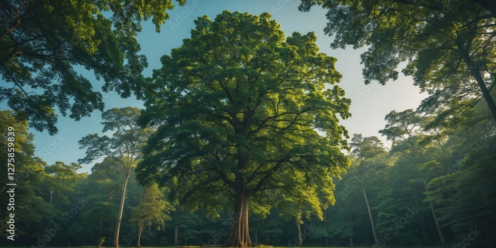 Poster majestic tall tree in lush green forest creating a cool atmosphere with dense foliage and space for 