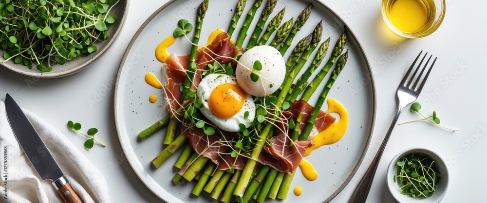 Aufkleber asparagus with poached eggs and prosciutto garnished with microgreens on plate top view fresh appeti