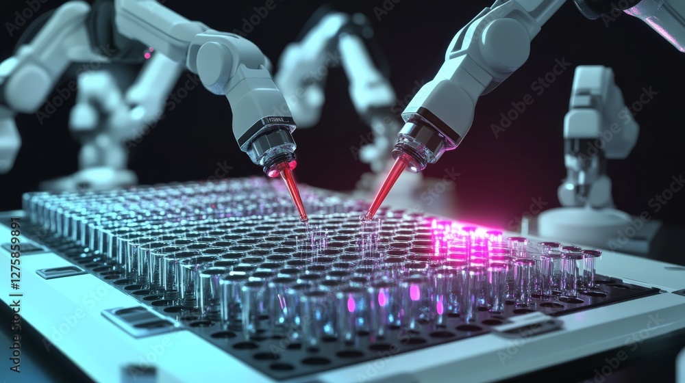 Poster multiple robotic pipette tips simultaneously dispensing reagents into a 384-well plate, futuristic h