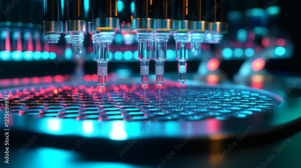 Poster multiple robotic pipette tips simultaneously dispensing reagents into a 384-well plate, futuristic h
