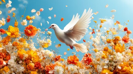 White dove floating in calm blue sky as symbol of peace