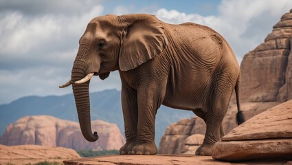 Obraz premium Majestic elephant standing on rocky terrain in a scenic landscape with mountains under a partly cloudy sky.