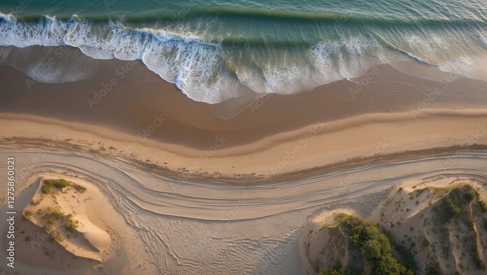 Poster aerial view of a tranquil beach with gentle waves and sandy shore, ideal for adding text or branding