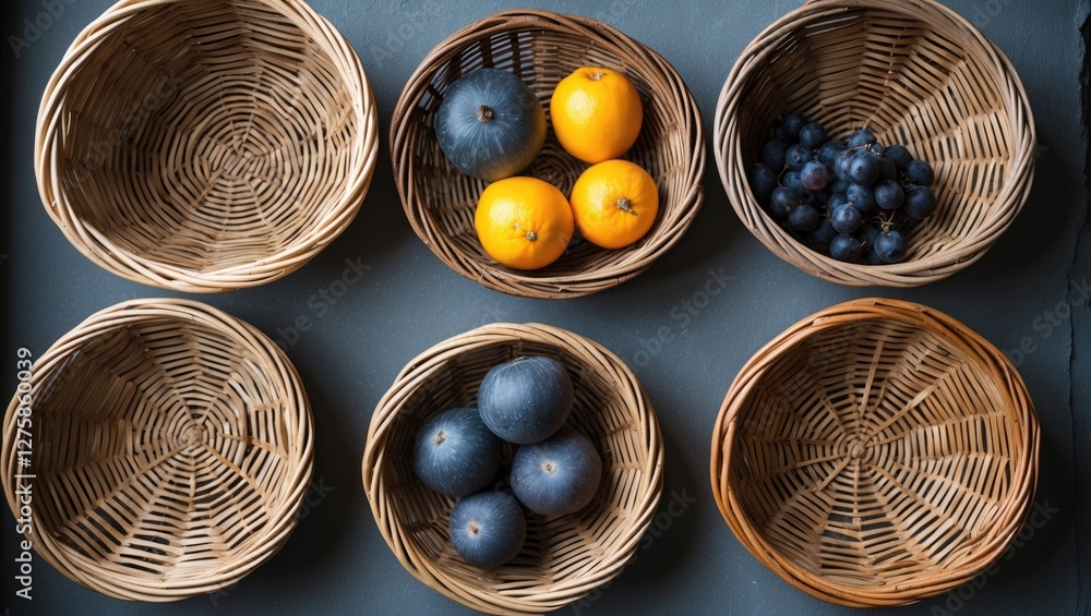 Aufkleber empty woven baskets with fresh fruits and copy space for text on rustic background