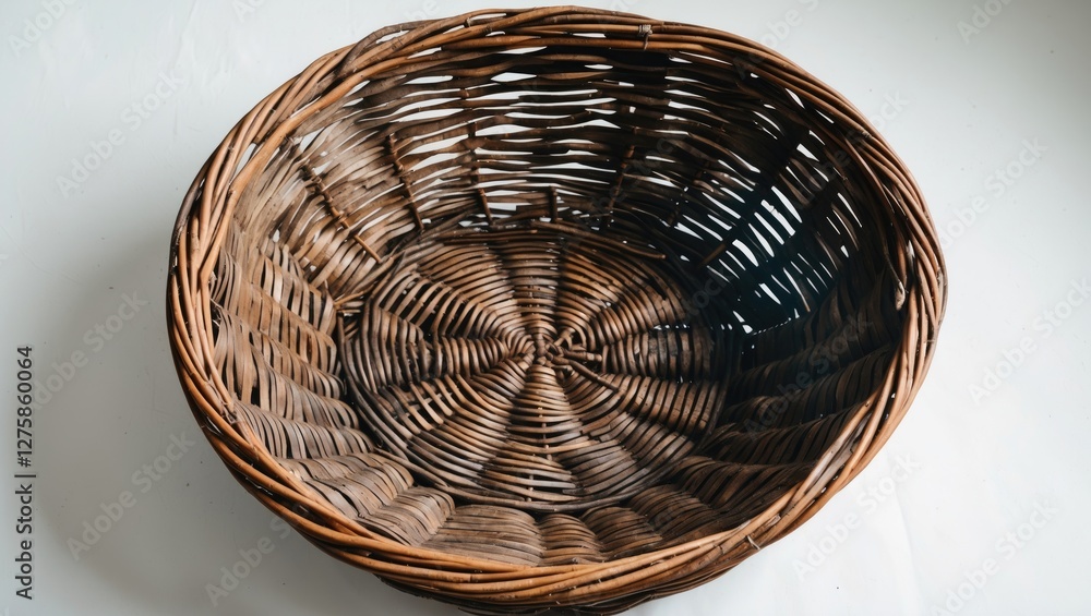 Poster woven empty basket with rustic design isolated on a clean white background for storage and decorativ