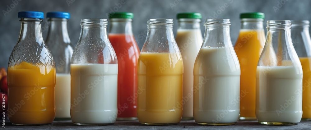 Aufkleber empty glass bottles of milk and juice in a colorful arrangement on a rustic table background
