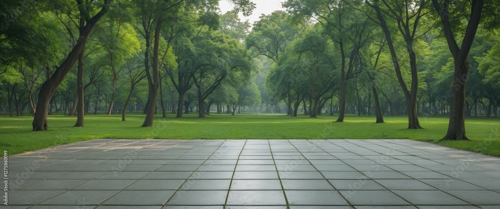 Poster tranquil natural park scene featuring empty square floor surrounded by lush green trees ideal for te