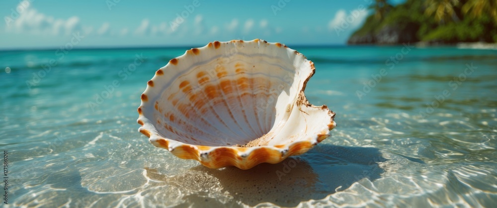 Aufkleber tropical shell on shallow water beach with clear blue sea and copy space for text or graphics in a r