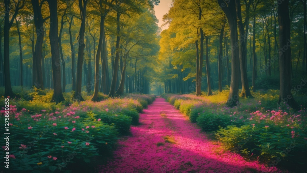 Poster Vibrant Pathway Through Epping Forest Surrounded by Lush Green Trees and Colorful Wildflowers with Space for Text or Graphics