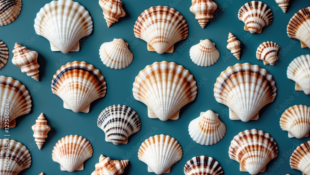 Poster seashells pattern in soft light on teal background ideal for vacation themes with space for text and