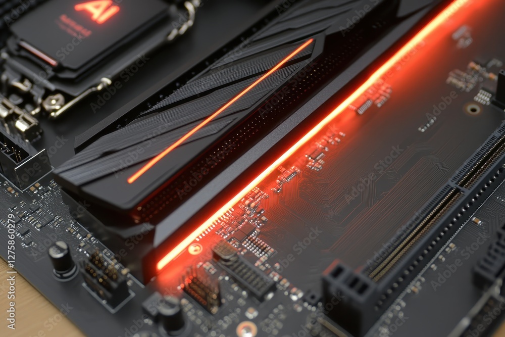 Poster high-tech computer motherboard with led lighting and circuitry detail