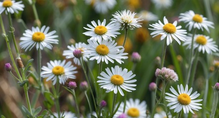 Fototapeta premium Daisy Fleabane Blooming in a Lush Field Displaying White Petals and Yellow Centers with Soft Background Blossoms