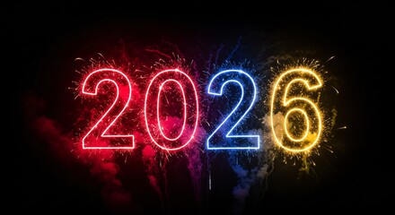 Year 2026 in vibrant neon typography with fireworks in the night sky.