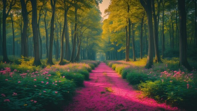 Vibrant Pathway Through Epping Forest Surrounded by Lush Green Trees and Colorful Wildflowers with Space for Text or Graphics