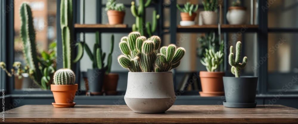 Poster modern office interior with potted cacti on table enhancing workspace aesthetic and nature integrati