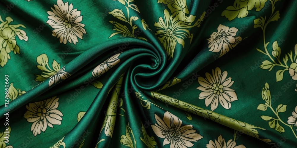 Poster floral silk fabric texture with green tones and black patterns, ideal for elegant design projects wi