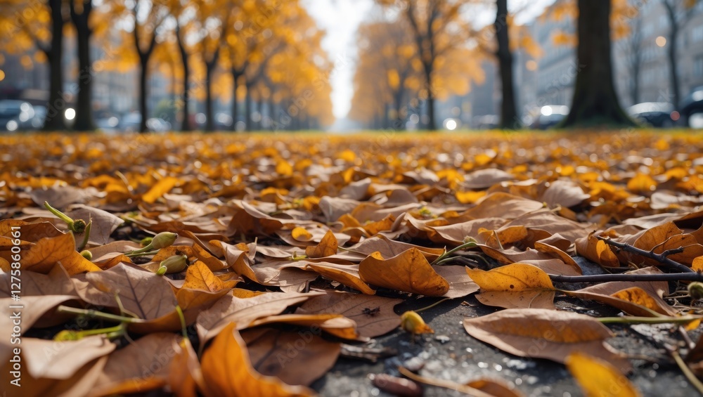 Poster autumn leaves carpet the path in a city park with space for custom text and a serene fall atmosphere