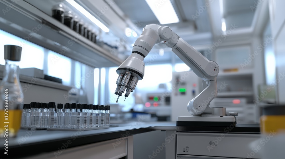 Poster precision robotic arm handling multiple pipette tips, high-throughput elisa assay preparation in a b