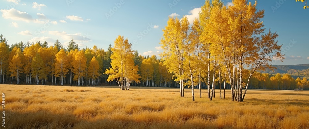 Poster golden aspen trees in a serene field with open space for text in late summer setting