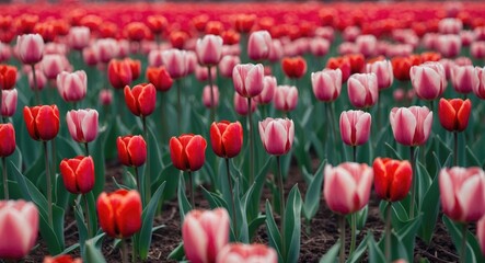 Fototapeta premium Vibrant Field of Red and Pink Tulips Bathed in Natural Light Under Clear Blue Sky