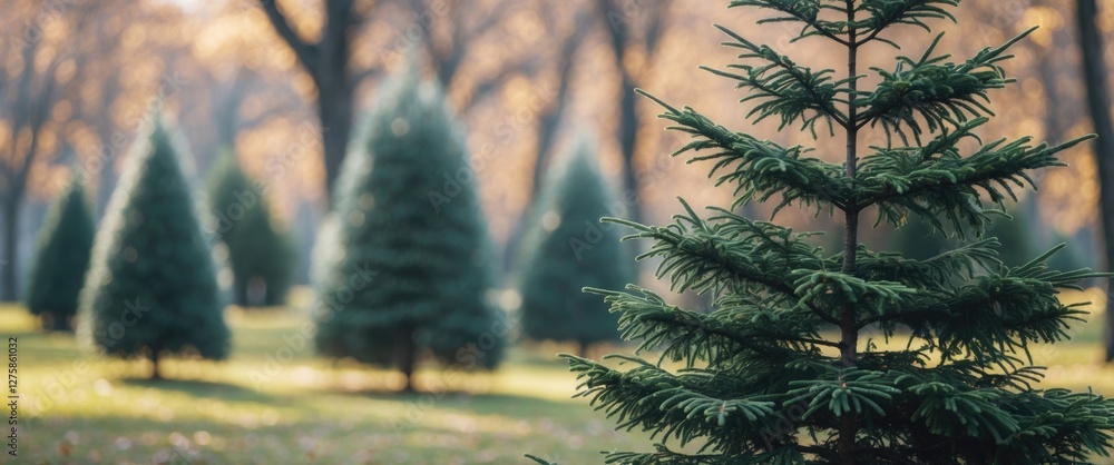 Poster fir tree in park setting with blurred background offering space for text and emphasizing nature's se