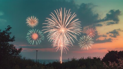 Vibrant Fireworks Display Over Tranquil Summer Evening Sky with Space for Text in Scenic Background