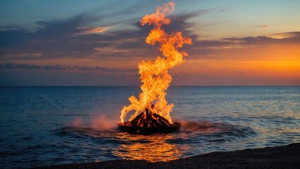 Majestic sunset over the sea with dramatic fire spinning display creating vibrant colors and serene atmosphere, ideal for creative projects.