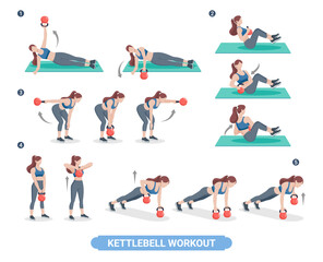 Set of Sports Icons with People and Fun Activities in Cartoon Style, kettlebell workout