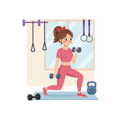 Woman Doing Lunges with Dumbbells at Gym in Sportswear