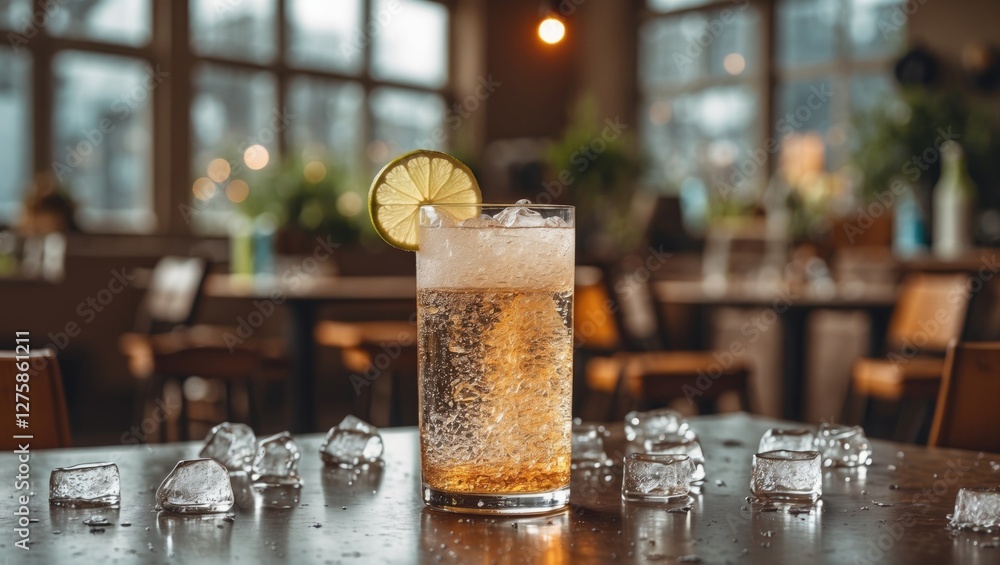 Poster fizzy beverage with ice and lemon slice on a table surrounded by ice cubes in a cozy cafe setting