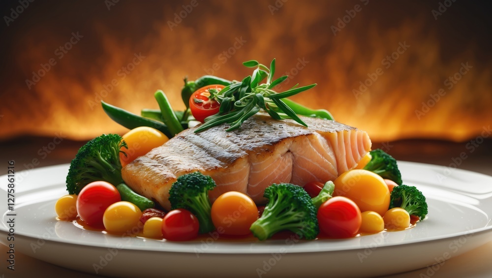 Poster delicious fish steak garnished with fresh vegetables and copy space for text in a warm and inviting 