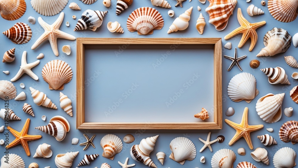 Poster flat lay arrangement of seashells and starfish with wooden frame empty space for text or travel insp