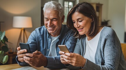 Fototapeta premium Happy Senior Couple Using Smartphones Together Modern Technology Elderly People Retirement Lifestyle Digital Communication Social Media Connection Mature Adults Smiling Technology Users Internet 