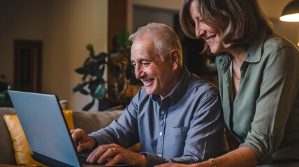 Happy Senior Couple Using Laptop Together at Home Enjoying Retirement Technology Digital Life Modern Lifestyle Elderly People Internet Connection Online Activity Home Comfort Relaxed Atmosphere Cozy  