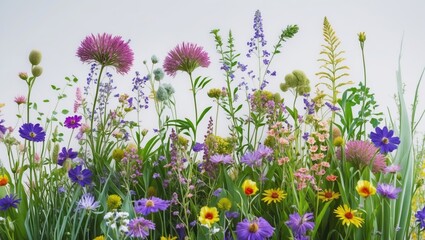 Vibrant Assortment of Flowering Wild Grass and Meadow Plants Isolated on White Background for Natural Aesthetic and Floral Decor
