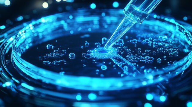 Scientific breakthrough concept, glowing bioassay reaction in an immunosorbent test plate, futuristic medical diagnostics.