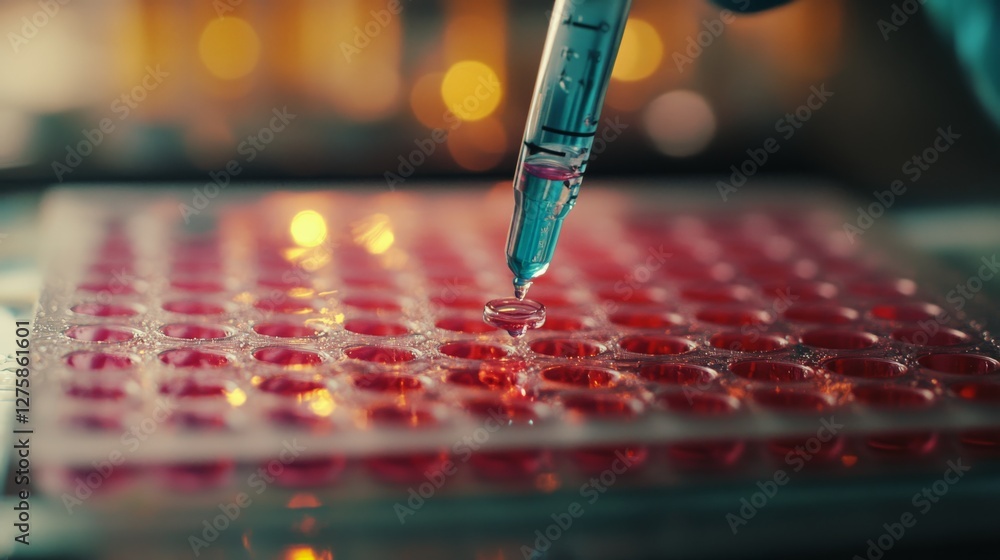 Poster scientific laboratory pipetting process, focusing on the accuracy of a dozator tip transferring colo