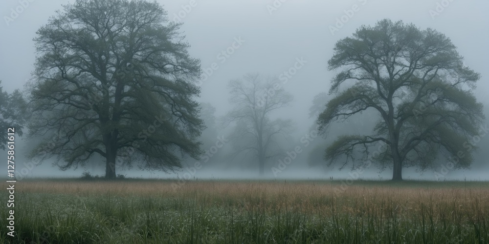 Aufkleber misty landscape with silhouette trees and empty space for text in foggy field at dawn