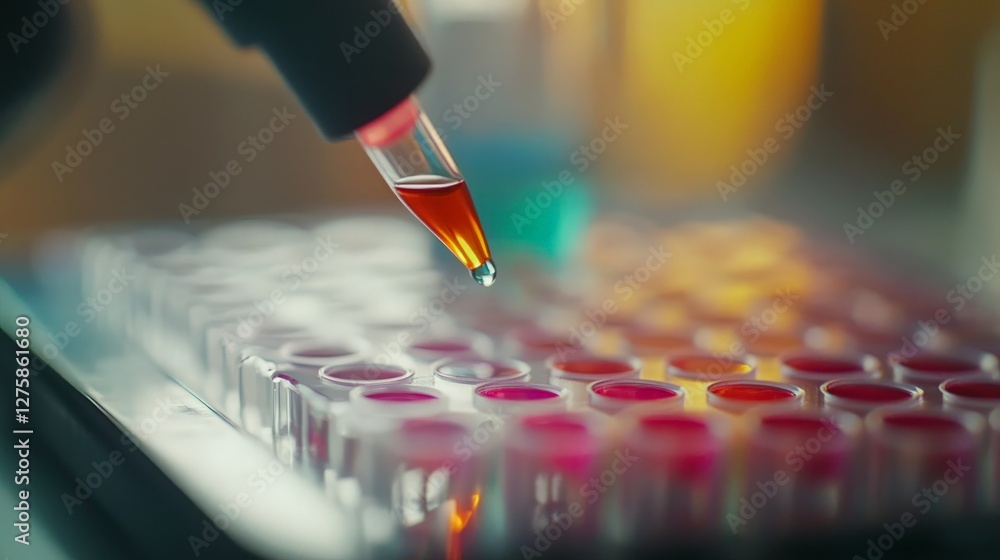 Poster scientific laboratory pipetting process, focusing on the accuracy of a dozator tip transferring colo