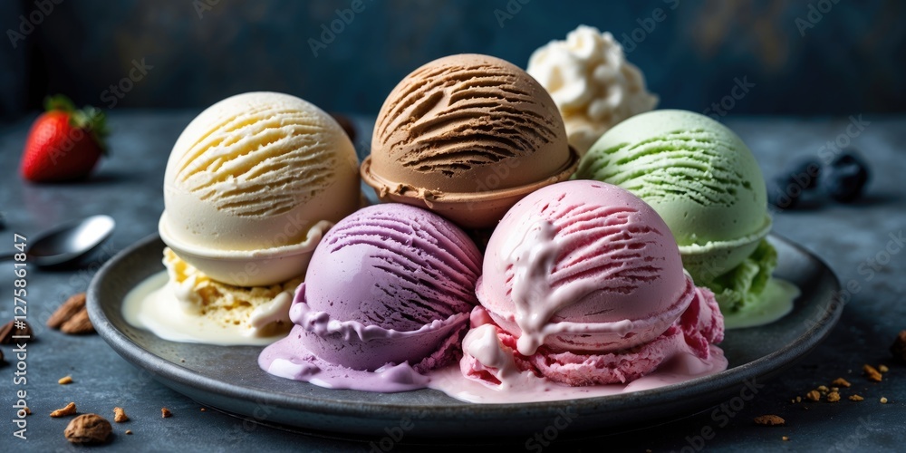 Aufkleber colorful assortment of ice cream scoops on a plate with empty space for text and fresh fruits in the