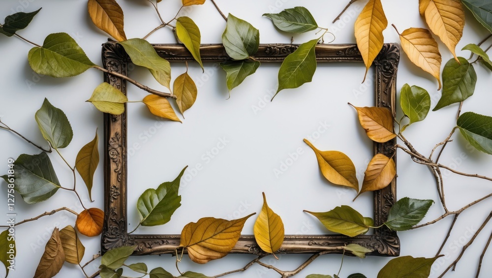 Poster decorative frame surrounded by colorful leaves on white background with blank space for custom text 