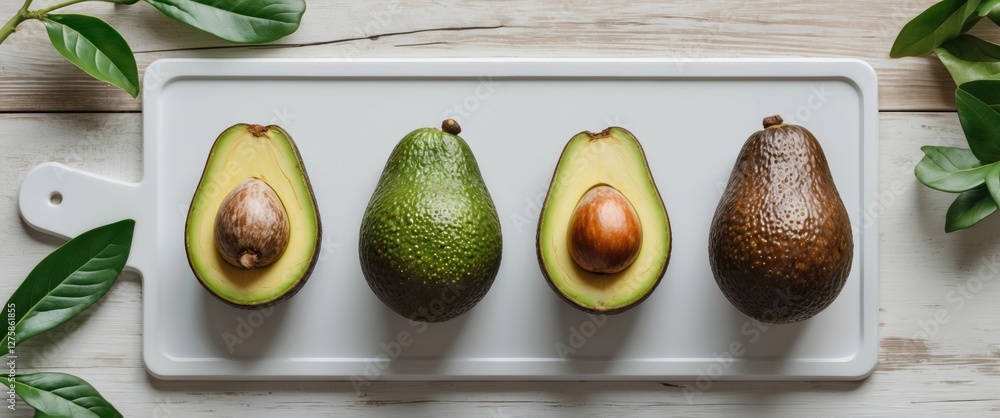 Poster assorted ripe avocados halved on cutting board with empty space for text and green leaves in a rusti