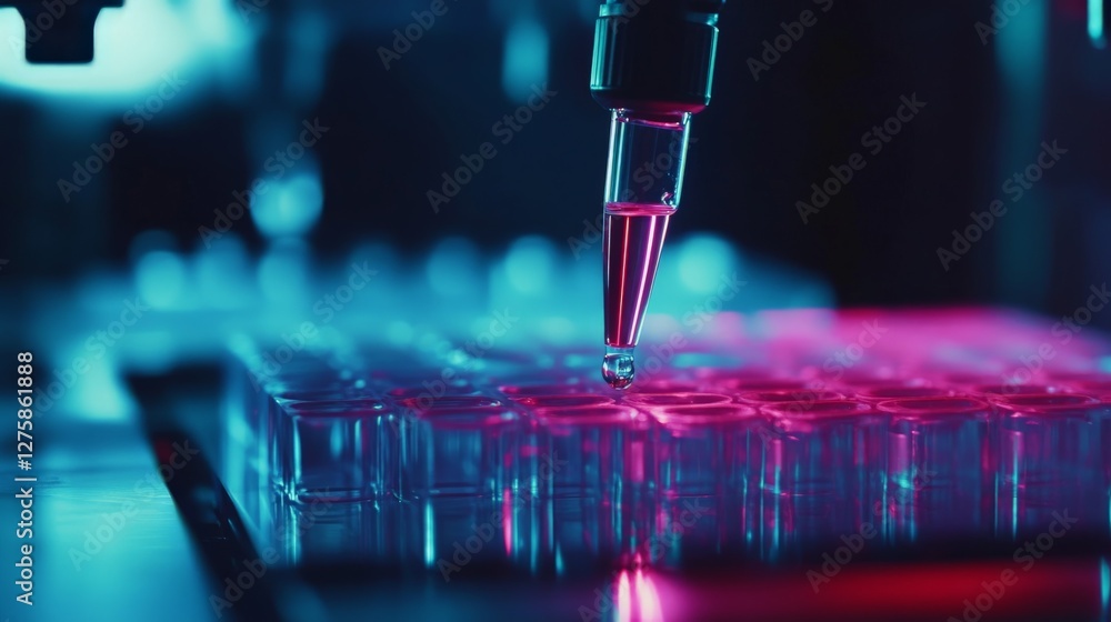 Poster scientific research lab scene, macro shot of a dozator precisely pipetting enzyme solution onto an e