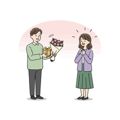 Man Giving Gift and Flowers to Happy Woman in Surprise Cartoon