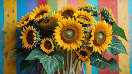 Vibrant Sunflower Bouquet Against a Multicolored Striped Background Celebrating Nature's Beauty and Joy