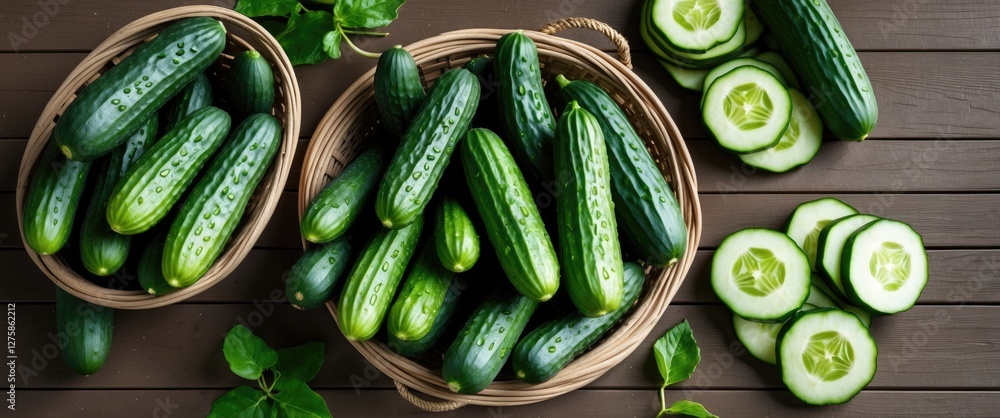Poster freshly harvested green cucumbers in baskets with slices displayed on a rustic wooden table surround