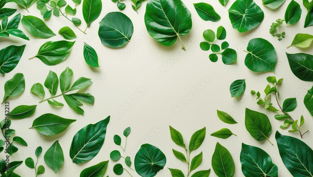 Poster fresh green leaves laying on soft background with empty space for text or graphics in natural and se