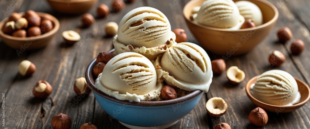 Poster Delicious Hazelnut Ice Cream in Bowls Surrounded by Whole Nuts on Rustic Wooden Table with Empty Space for Text or Branding